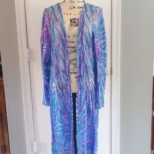 Southern Fried Chics XL Vibrant Blue Purple Animal Stripe Sequin Duster Rare